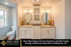 Bathroom with a white double vanity and two round mirrors in Melbourne, FL