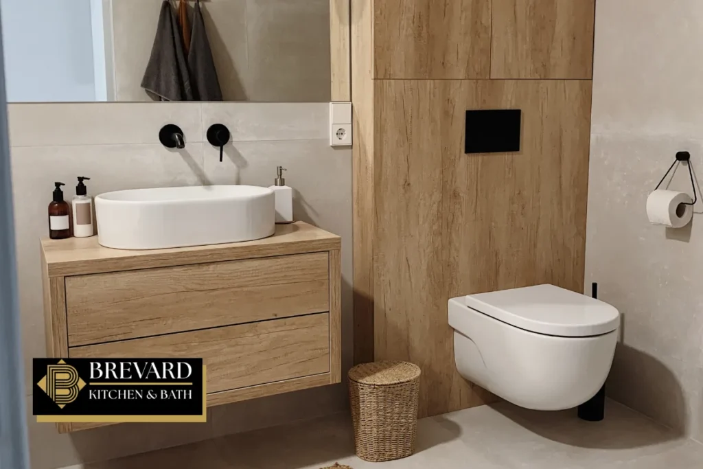 Modern bathroom with a floating vanity and wall-hung toilet