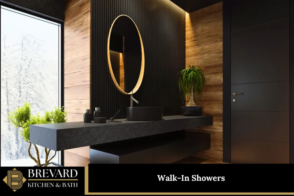 Walk-in shower bathroom with a window and modern vanity