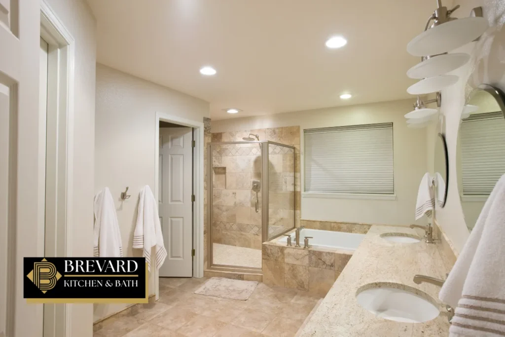 Spacious bathroom with a tub and separate glass shower