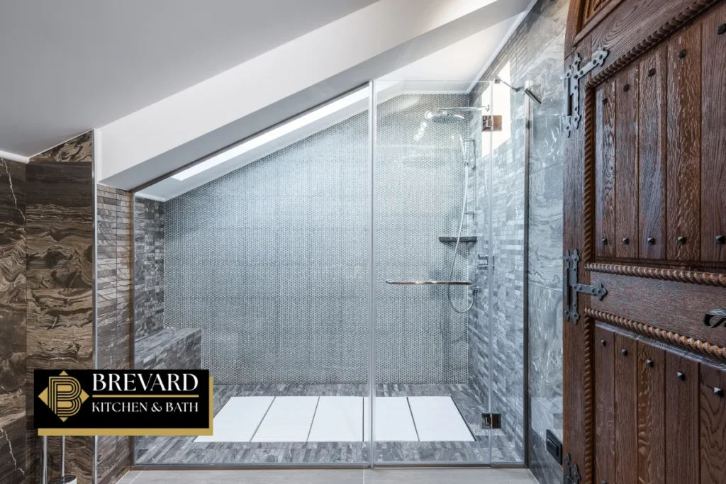 Walk-in curbless shower with a long tiled floor