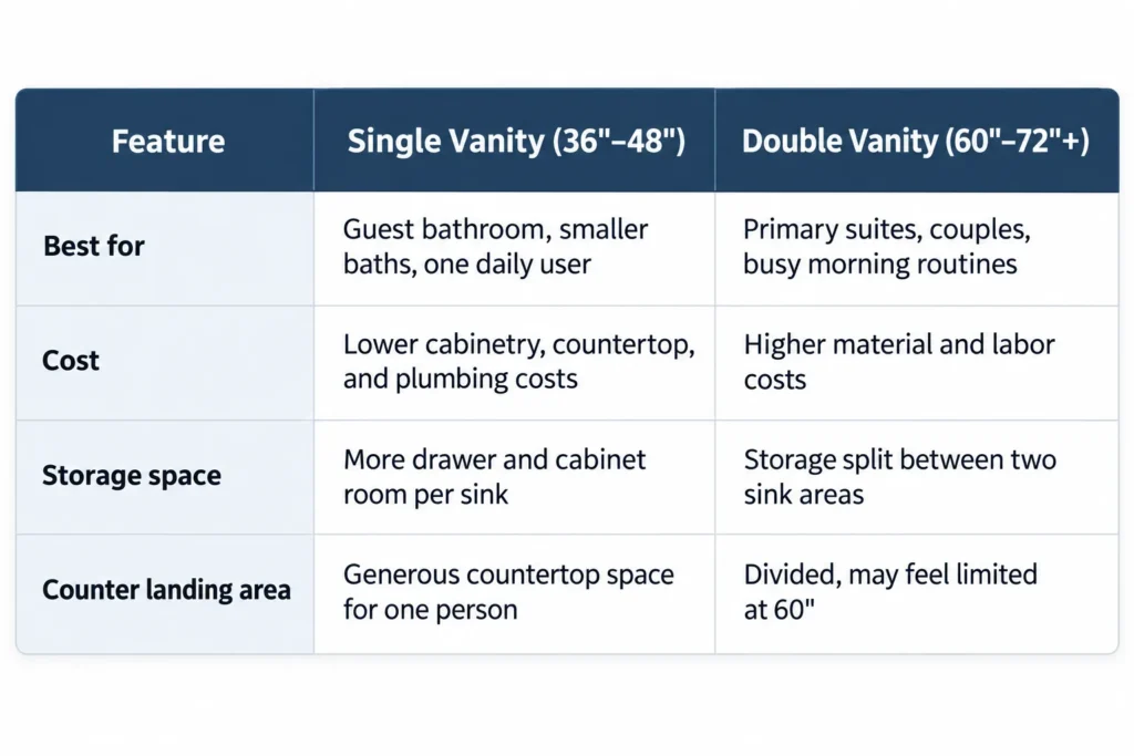 Comparison chart of single vanity vs double vanity features