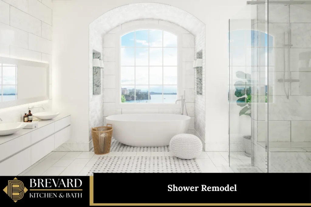 Bright bathroom remodel with a large window and soaking tub