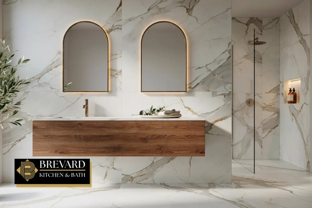 Floating wood double vanity with arched brass mirrors and marble walls
